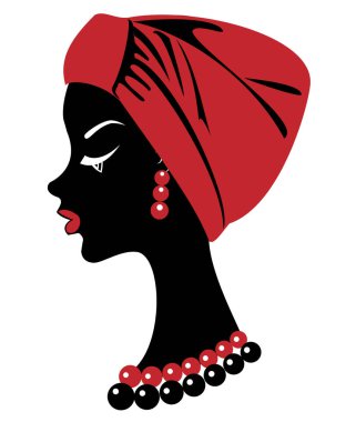Sevimli bir bayanın baş profili. Afro-Amerikalı bir kızın kafasına parlak bir mendil, sarık astı. Kadın güzel ve şık. Vektör çizimi.
