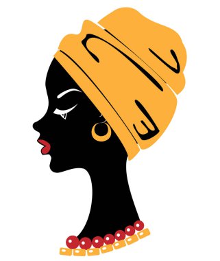 Sevimli bir bayanın baş profili. Afro-Amerikalı bir kızın kafasına parlak bir mendil, sarık astı. Kadın güzel ve şık. Vektör çizimi.
