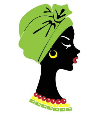 Sevimli bir bayanın baş profili. Afro-Amerikalı bir kızın kafasına parlak bir mendil, sarık astı. Kadın güzel ve şık. Vektör çizimi.