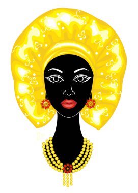 İyi bir bayanın başı. Afro-Amerikalı bir kızın kafasına parlak bir mendil, sarık astı. Kadın güzel ve şık. Vektör çizimi.