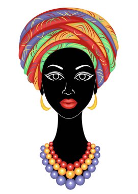Tatlı bir bayanın başı. Parlak bir şal ve bir türban Afrikalı Amerikalı kızın kafasına sabitlenmiş. Kadın güzel ve şık. Vektör çizimi