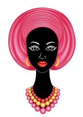 İyi bir bayanın başı. Afro-Amerikalı bir kızın kafasına parlak bir mendil, sarık astı. Kadın güzel ve şık. Vektör çizimi.