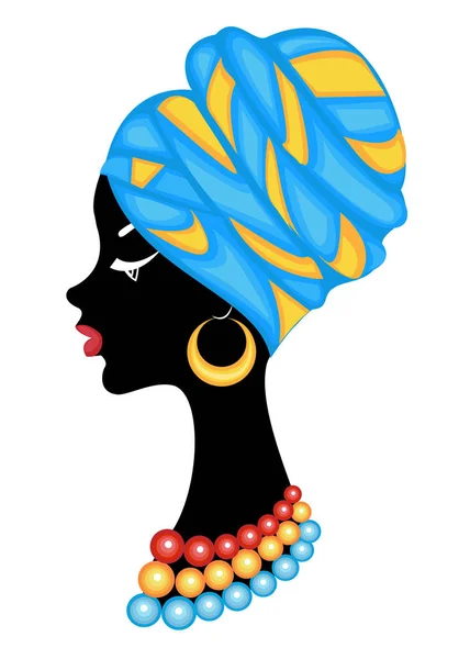 Head of a sweet lady. A bright shawl and a turban were fixed on the head of the African American girl. The woman is beautiful and stylish. Vector illustration — Stock Vector