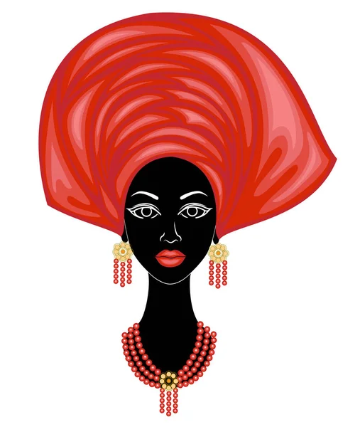 Der Kopf einer netten Dame. auf dem kopf eines afrikanisch-amerikanischen mädchens hing ein helles taschentuch, turban. die Frau ist schön und stilvoll. Vektorillustration. — Stockvektor