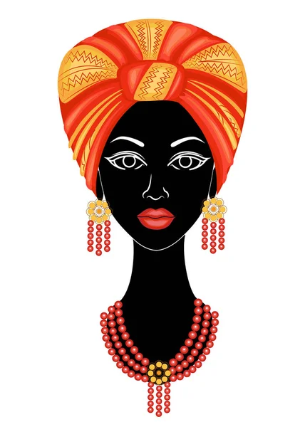 A cabeça de uma senhora simpática. Na cabeça de uma menina afro-americana pendurado um lenço brilhante, turbante. A mulher é bonita e elegante. Ilustração vetorial . — Vetor de Stock