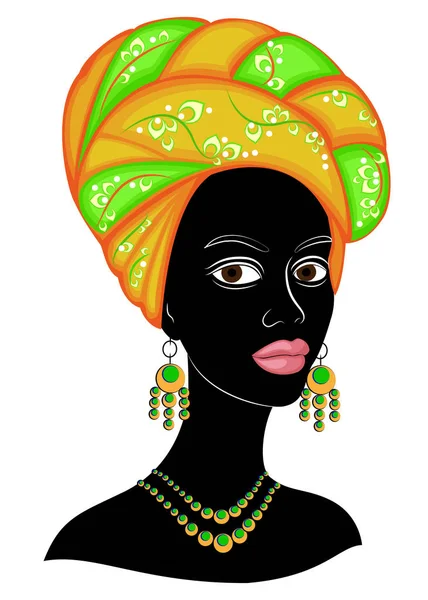 A cabeça de uma senhora simpática. Na cabeça de uma menina afro-americana pendurado um lenço brilhante, turbante. A mulher é bonita e elegante. Ilustração vetorial . — Vetor de Stock