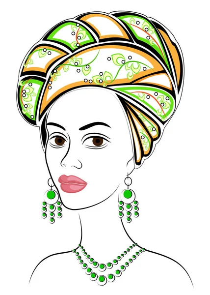 Silhuett av en chef för en söt dam. En ljus sjal och en turban är knutna på huvudet av en afro-amerikansk flicka. Kvinnan är vacker och snygg. Vektor illustration — Stock vektor