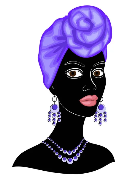 Το κεφάλι μιας γλυκιης κυρίας. Στο κεφάλι μιας Αφρο-Αμερικάνικης κοπέλας ένα λαμπερό μωβ Σάλι δεμένο, ένα τουρμπάνι. Η γυναίκα είναι όμορφη και κομψή. Απεικόνιση διανυσματικών φορέων — Διανυσματικό Αρχείο