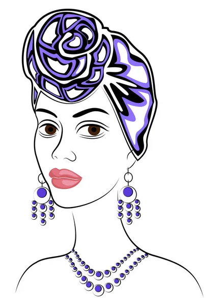 La silueta de la cabeza de la dama dulce. Un chal brillante y un turbante están atados a la cabeza de una chica afroamericana. La mujer es hermosa y elegante. Ilustración vectorial — Vector de stock