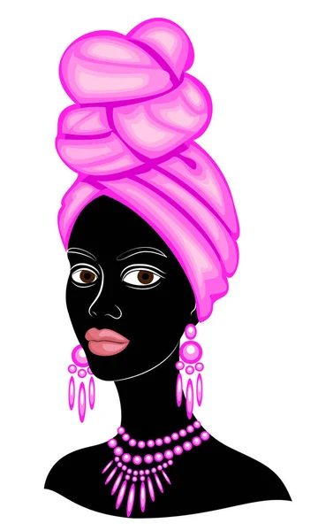 The head of a nice lady. On the head of an African American girl hung a bright handkerchief, turban. The woman is beautiful and stylish. Vector illustration. — Stock Vector