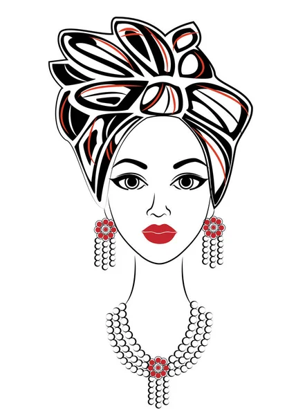 La silueta de la cabeza de la dama dulce. Un chal brillante y un turbante están atados a la cabeza de una chica afroamericana. La mujer es hermosa y elegante. Ilustración vectorial — Vector de stock