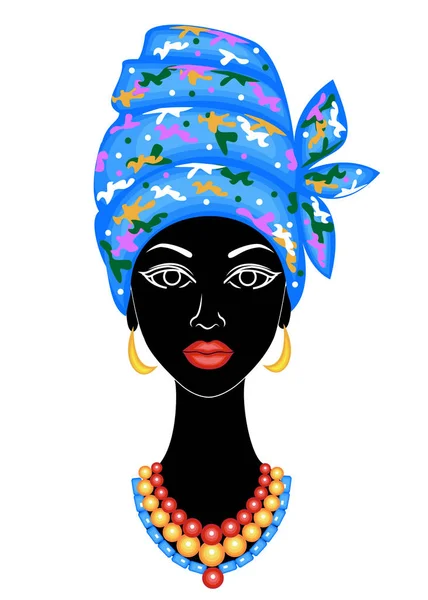 A cabeça de uma senhora simpática. Na cabeça de uma menina afro-americana pendurado um lenço brilhante, turbante. A mulher é bonita e elegante. Ilustração vetorial . — Vetor de Stock