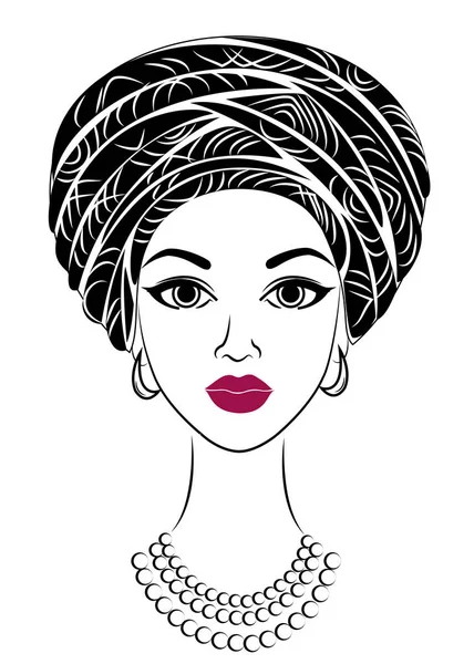 Silhueta de uma cabeça de uma senhora doce. Um xale brilhante e um turbante estão amarrados na cabeça de uma menina afro-americana. A mulher é bonita e elegante. Ilustração vetorial — Vetor de Stock