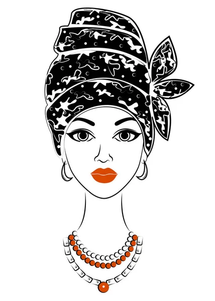 Silhouette of a head of a sweet lady. A bright shawl and a turban are tied on the head of an African-American girl. The woman is beautiful and stylish. Vector illustration — Stock Vector
