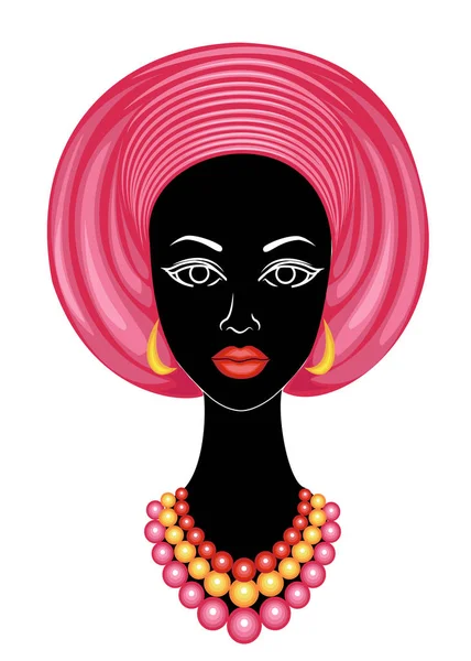 La cabeza de una buena dama. En la cabeza de una chica afroamericana colgaba un brillante pañuelo, turbante. La mujer es hermosa y elegante. Ilustración vectorial . — Vector de stock