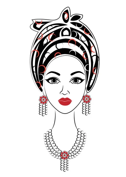 Silhouette d'une tête de dame douce. Un châle brillant et un turban sont attachés sur la tête d'une fille afro-américaine. La femme est belle et élégante. Illustration vectorielle — Image vectorielle