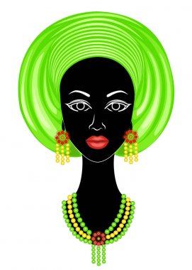 İyi bir bayanın başı. Afro-Amerikalı bir kızın kafasına parlak bir mendil, sarık astı. Kadın güzel ve şık. Vektör çizimi.