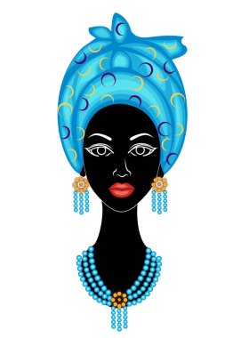 İyi bir bayanın başı. Afro-Amerikalı bir kızın kafasına parlak bir mendil, sarık astı. Kadın güzel ve şık. Vektör çizimi.