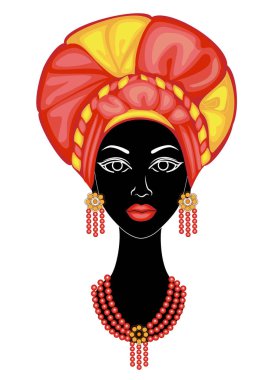 İyi bir bayanın başı. Afro-Amerikalı bir kızın kafasına parlak bir mendil, sarık astı. Kadın güzel ve şık. Vektör çizimi.