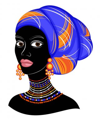İyi bir bayanın başı. Afro-Amerikalı bir kızın kafasına parlak bir mendil, sarık astı. Kadın güzel ve şık. Vektör çizimi.