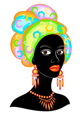 İyi bir bayanın başı. Afro-Amerikalı bir kızın kafasına parlak bir mendil, sarık astı. Kadın güzel ve şık. Vektör çizimi.