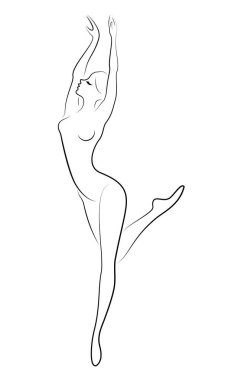 Sevimli bir bayan siluet, o bale dans ediyor. Kızın çok güzel bir figürü var. Kadın balerin. Vektör çizimi.