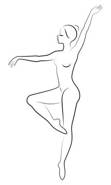 Sevimli bir bayan silueti, o fouette dönen bir dans balesi. Kadının çok güzel ince bir figürü var. Kadın balerin. Vektör çizimi