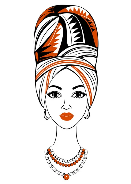 La silueta de la cabeza de la dama dulce. Un chal brillante y un turbante están atados a la cabeza de una chica afroamericana. La mujer es hermosa y elegante. Ilustración vectorial — Vector de stock