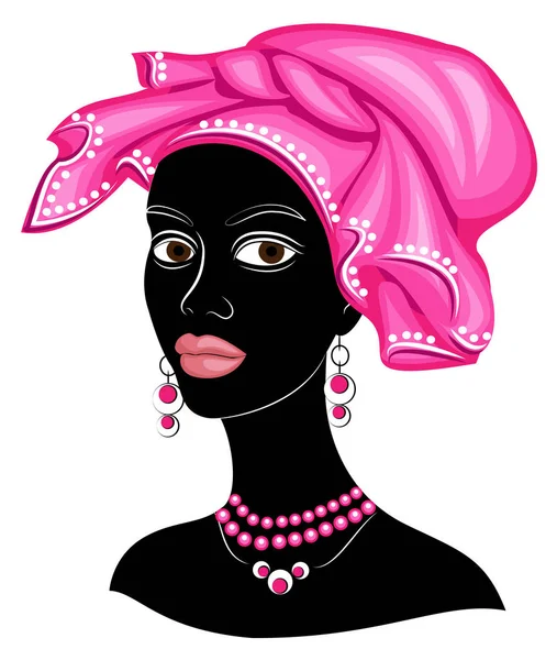 A feje egy szép hölgy. A fejét egy afro-amerikai lány lógott a fényes zsebkendőt, Turban. A nő szép és stílusos. Vektoros illusztráció. — Stock Vector