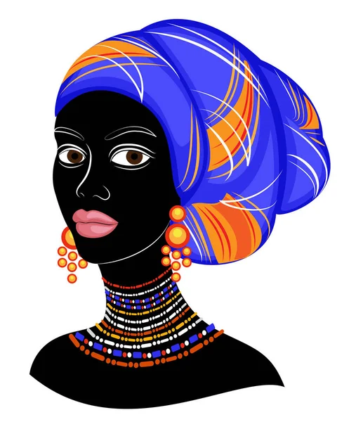 La cabeza de una buena dama. En la cabeza de una chica afroamericana colgaba un brillante pañuelo, turbante. La mujer es hermosa y elegante. Ilustración vectorial . — Vector de stock