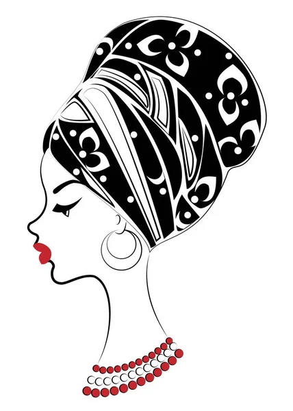 La silueta de la cabeza de la dama dulce. Un chal brillante y un turbante están atados a la cabeza de una chica afroamericana. La mujer es hermosa y elegante. Ilustración vectorial — Vector de stock
