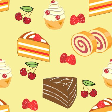 Kusursuz desen. Şenlikli pastalar, şekerlemeler, kruvasanlar, çilek şekerleri, kirazlar. Mutfakta duvar kağıdı için uygundur. Şenlikli bir ruh hali yaratır. Vektör çizimi