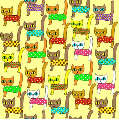 Kusursuz desen. Parlak sevimli kedi yavruları. Çocuk odasında duvar kağıdı gibi, çocuklar ve yetişkinler için bir hediye ambalaj olarak uygundur. Şenlikli bir ruh hali yaratır. Vektör çizimi