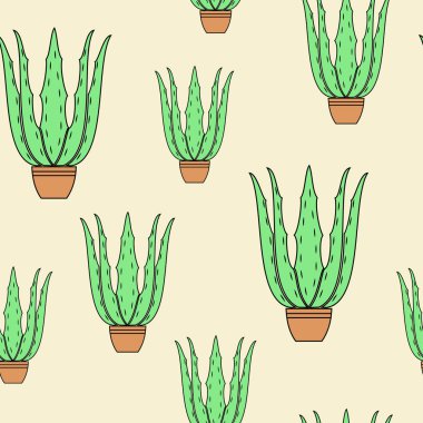 Sarı arka plan üzerinde Aloe vera saksı. Grafik görüntüsü. Güzel resim. Hediye paketi. Vektör çizimi