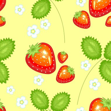 Süslü bir desen. Olgun güzel çilek. Mutfakta duvar kağıdı olarak uygun, gıda ambalaj için bir arka plan olarak, kreştekstil. Şenlikli bir ruh hali yaratır. Vektör çizimi