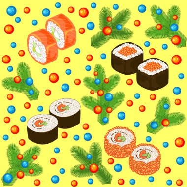 Yeni Yıl sorunsuz desen. Suşi, rulo ve Noel ağacının dalları, parlak topları ile dekore edilmiştir. Tatil hediyelerini paketlemek için uygundur. Vektör çizimi