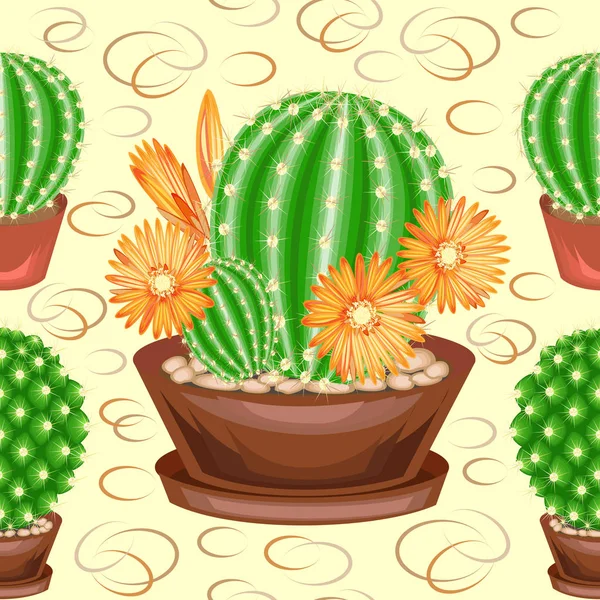 Cactus en macetas sobre fondo verde. Un patrón perfecto. Adecuado como fondo de pantalla, como fondo para el envoltorio de regalo. Crea un estado de ánimo alegre. Ilustración vectorial — Archivo Imágenes Vectoriales