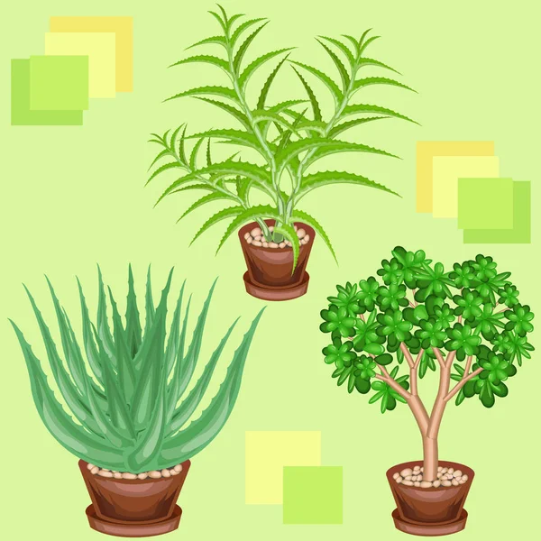 Cactus en macetas sobre fondo verde. Un patrón elegante. Adecuado como fondo de pantalla, como fondo para productos de embalaje. Crea un estado de ánimo alegre. Ilustración vectorial — Vector de stock