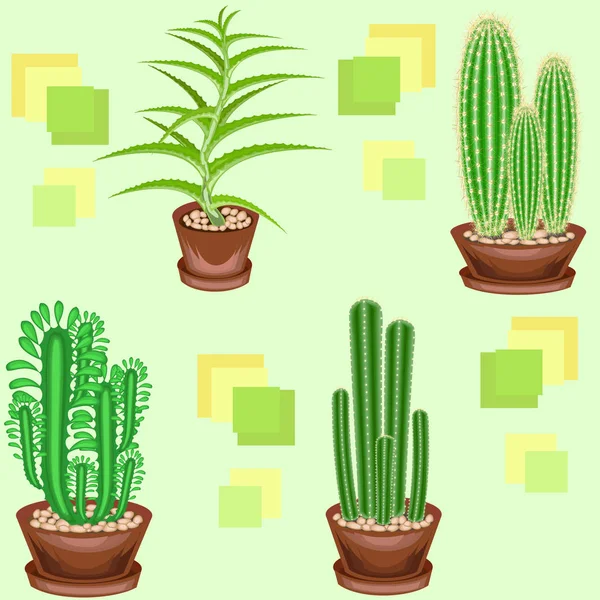 Cactus en macetas sobre fondo verde. Un patrón elegante. Adecuado como fondo de pantalla, como fondo para productos de embalaje. Crea un estado de ánimo alegre. Ilustración vectorial — Archivo Imágenes Vectoriales