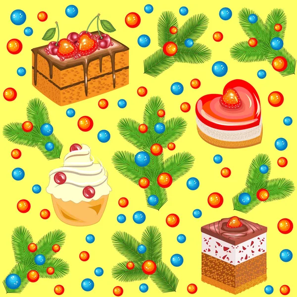 Weihnachtsbaumzweige mit hellen Kugeln und süßen Kuchen dekoriert. nahtloses Muster. geeignet zum Verpacken von Weihnachtsgeschenken. erzeugt eine fröhliche Stimmung. Vektorillustration — Stockvektor