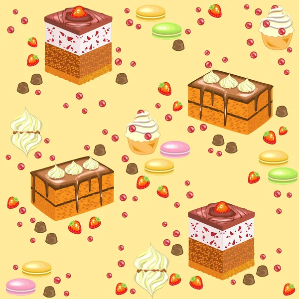 Seamless pattern. Sweet confectionery. Fresh holiday cakes, marshmallows, strawberry sweets. Suitable as wallpaper in the kitchen, packaging for a gift. Creates a festive mood. Vector illustration — Stock Vector