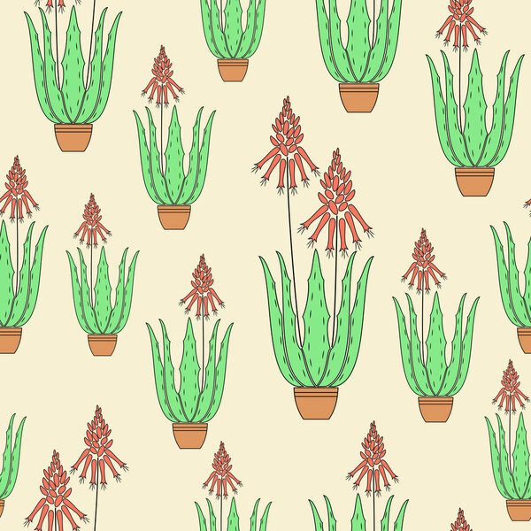 Aloe vera flower pot on a yellow background. Flowerpot blooms. Red flower scarlet. Beautiful texture. Gift wrap. Vector illustration