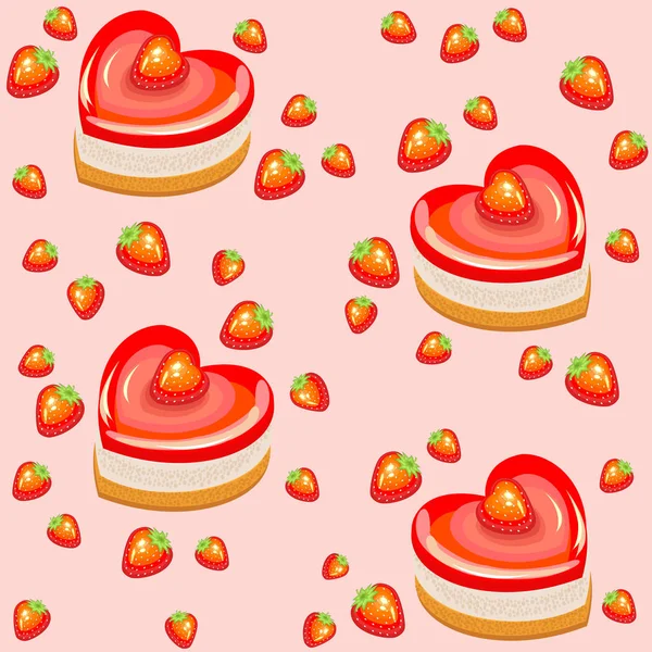 Χωρίς ραφές. Φρέσκα κέικ διακοπών σε σχήμα καρδιάς και φράουλας. Κατάλληλο ως ταπετσαρία στην κουζίνα, ως περιτύλιγμα δώρου για την ημέρα του Αγίου Βαλεντίνου. Δημιουργεί μια εορταστική διάθεση. Απεικόνιση διανυσματικών φορέων — Διανυσματικό Αρχείο