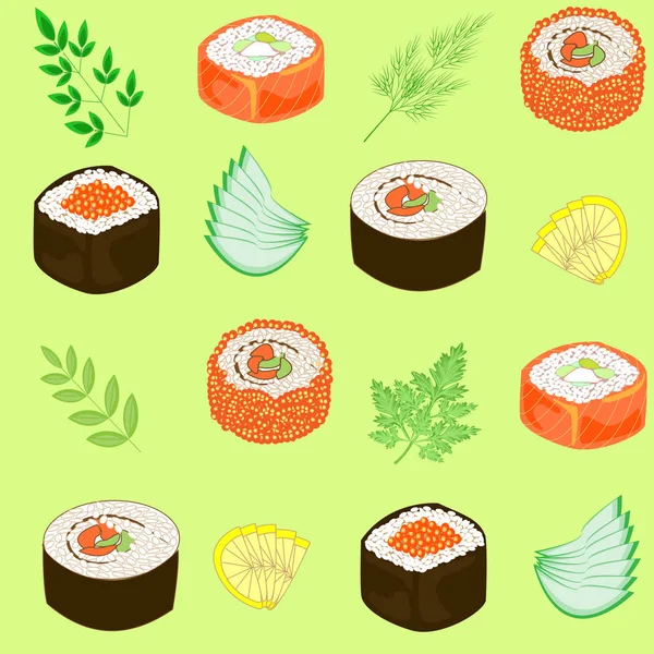 Padrão sem costura. Pratos de cozinha japonesa nacional, sushi, rolos, peixe. Adequado como papel de parede na cozinha, para embalar alimentos, presentes. Ilustração vetorial —  Vetores de Stock