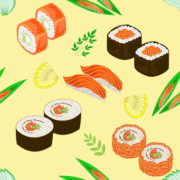 Patrón sin costuras. Platos de cocina nacional japonesa, sushi, panecillos, pescado. Adecuado como fondo de pantalla en la cocina, para el embalaje de alimentos, regalos. Ilustración vectorial — Vector de stock