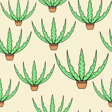 Sarı arka plan üzerinde Aloe vera saksı. Grafik görüntüsü. Güzel resim. Hediye paketi. Vektör çizimi