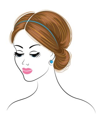 Tatlı bir bayanın kafasının silueti. Kız uzun ve orta saçlar için bir Yunan saç modeli gösterir. Kadın güzel ve şık. Vektör çizimi