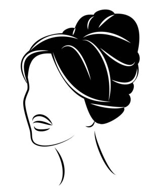 Tatlı bir bayan ın kafasının silueti. Kız orta ve uzun saç bir kadın saç modeli gösterir. Logo, reklam için uygundur. Vektör çizimi.