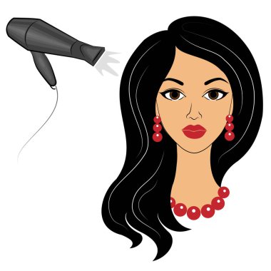Bir bayanın kafasının silueti. Güzellik salonundaki kız. Bir kadın saçını yapar, saçını saç kurutma makinesiyle kurutur. Vektör çizimi.
