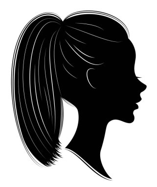 Tatlı bir bayan ın kafasının silueti. Bir kız uzun ve orta saç bir kadın kuyruk-saç modeli gösterir. Logo, reklam için uygundur. Vektör çizimi.